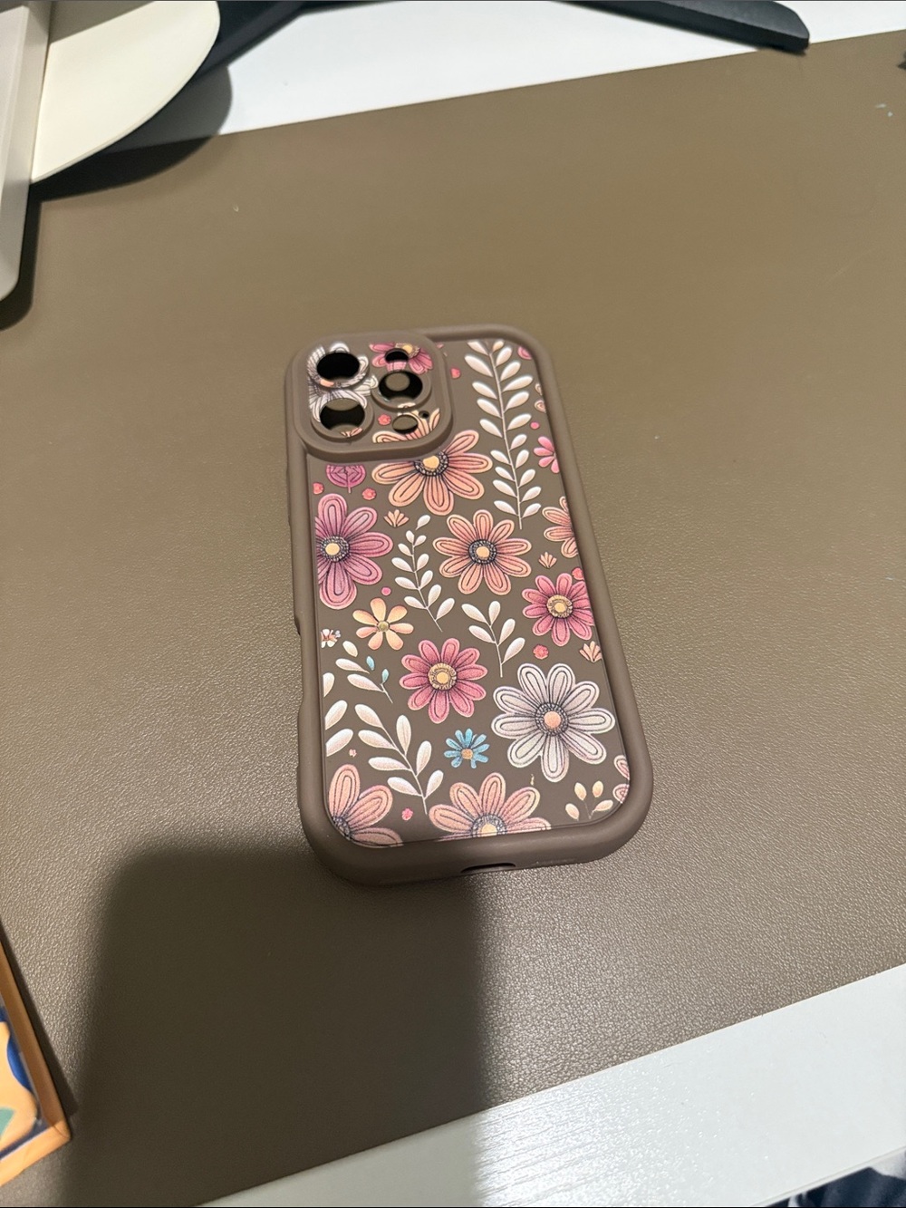 Floral Slim Protective Phone Case - Brown with Pink Flower Design